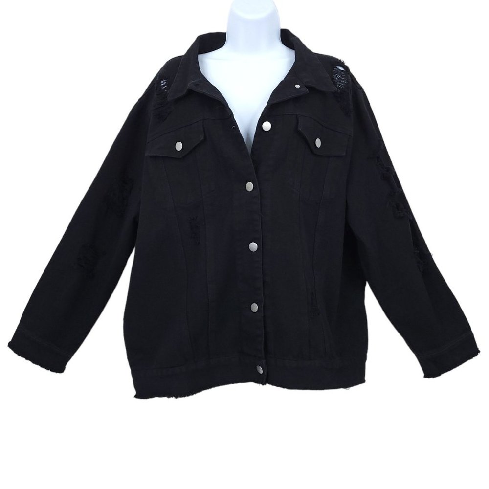 Hyfve Distressed Holey Button Front Denim Jacket Womens Size L Black Raw Hem
